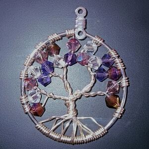 Silvertone Wire Wrapped Tree of Life Pendant with Multicolor Purple Crystals
